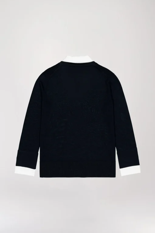 Pull col V trompe-l’œil en laine marine