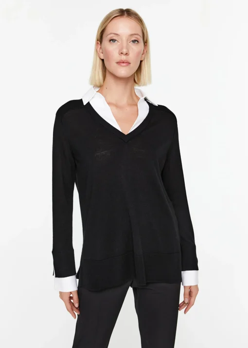 Pull col v trompe-l’œil en laine noir