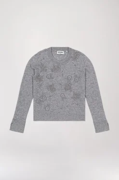 Pull en laine à fleurs gris clair