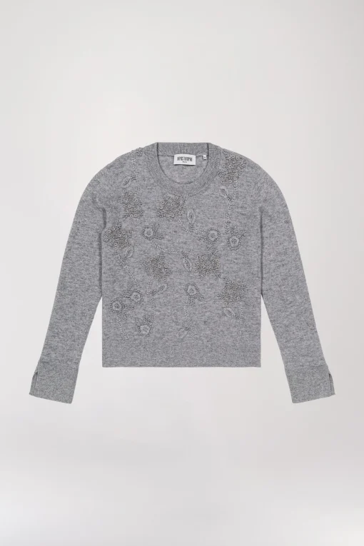 Pull en laine à fleurs gris clair