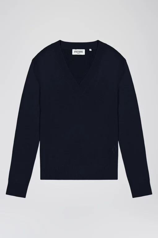 Pull marine col V en maille légère