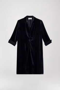 Robe chemise drapée en velours marine