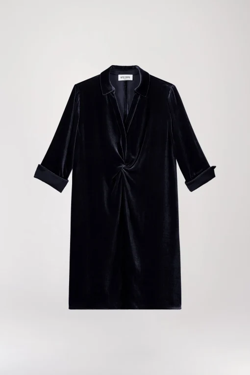 Robe chemise drapée en velours marine