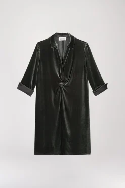 Robe chemise drapée en velours vert gris