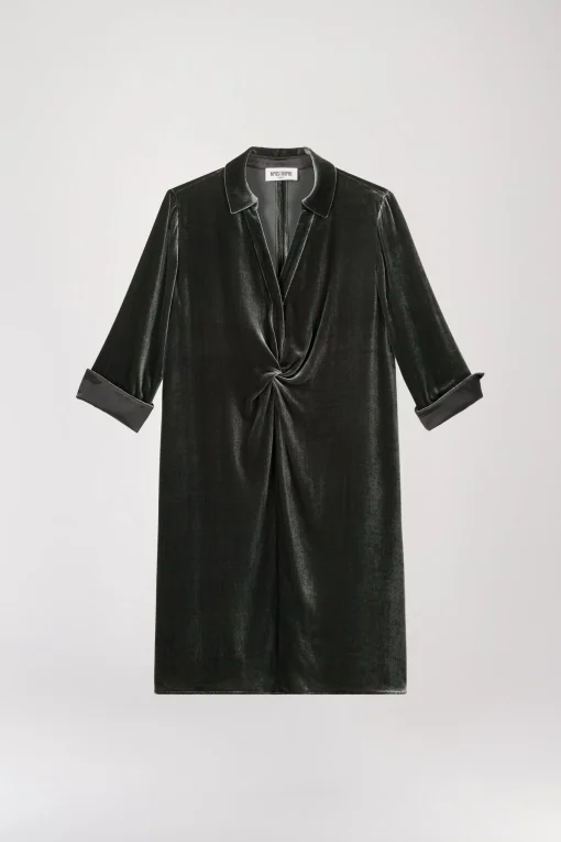 Robe chemise drapée en velours vert gris