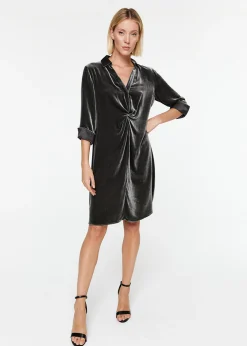 Robe chemise drapée en velours vert gris