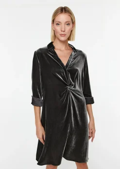 Robe chemise drapée en velours marine