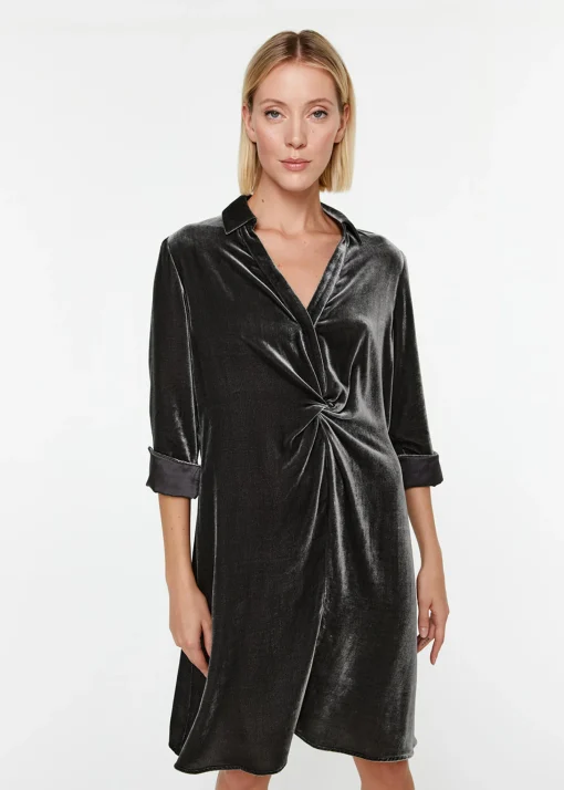 Robe chemise drapée en velours marine