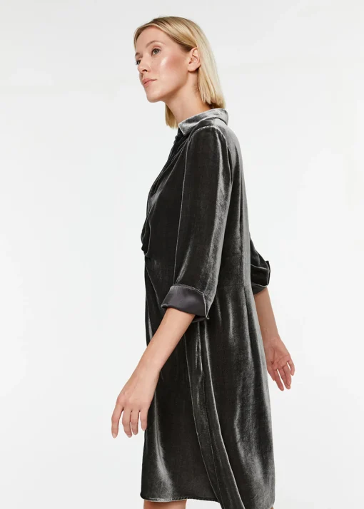 Robe chemise drapée en velours marine
