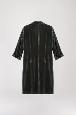 Robe chemise drapée en velours vert gris