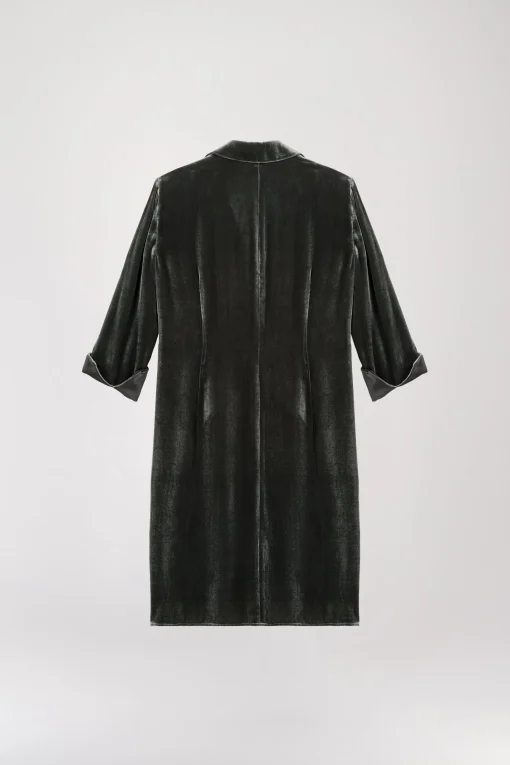 Robe chemise drapée en velours vert gris