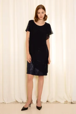 Robe droite à volants à sequins marine