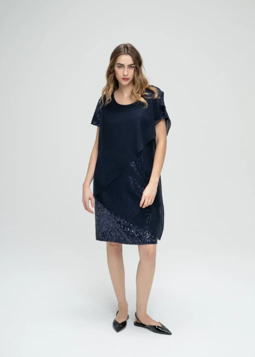 Robe droite à volants à sequins marine