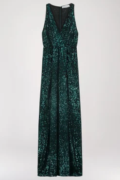Robe longue à sequins vert foncé