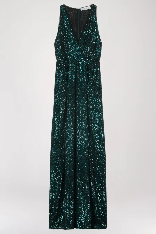 Robe longue à sequins vert foncé