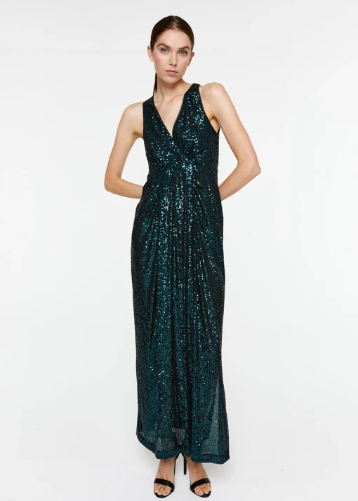 Robe longue à sequins vert foncé
