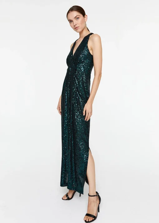 Robe longue à sequins vert foncé