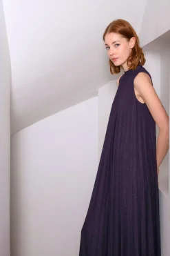 Robe longue plissée à paillettes marine