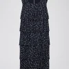 Robe mi-longue fluide à volants imprimé pois
