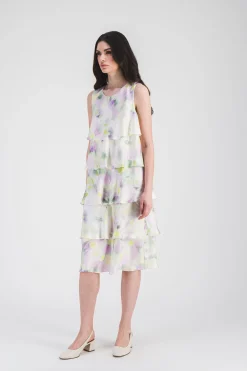Robe mi-longue fluide à volants imprimé psychédélique