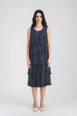 Robe mi-longue fluide à volants imprimé pois
