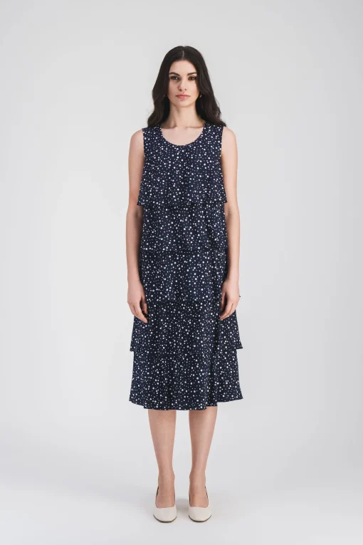 Robe mi-longue fluide à volants imprimé pois