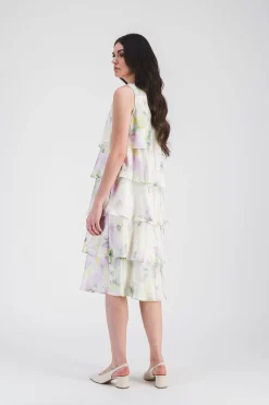 Robe mi-longue fluide à volants imprimé psychédélique