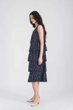 Robe mi-longue fluide à volants imprimé pois