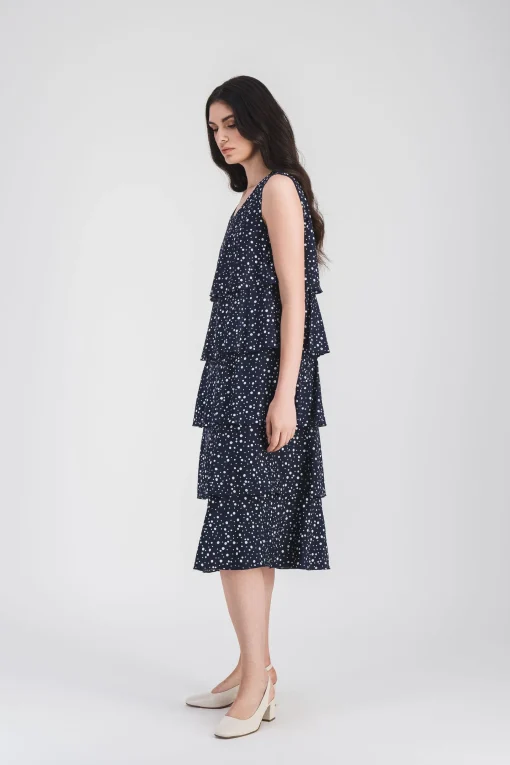 Robe mi-longue fluide à volants imprimé pois