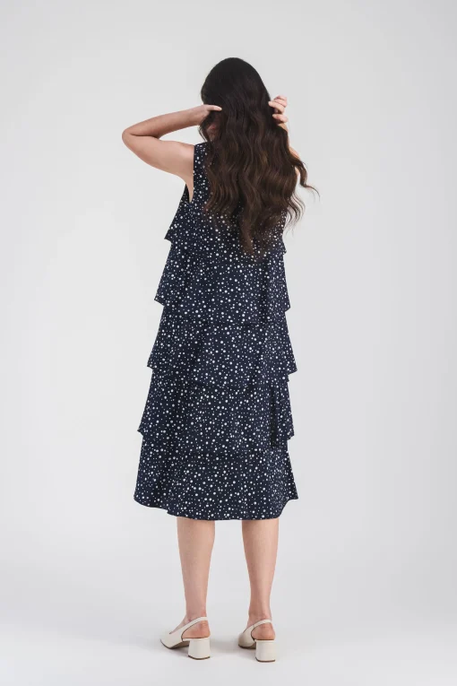 Robe mi-longue fluide à volants imprimé pois