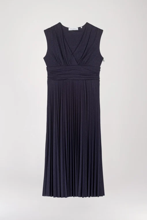 Robe mi-longue plissée à paillettes marine