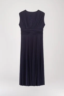 Robe mi-longue plissée à paillettes marine