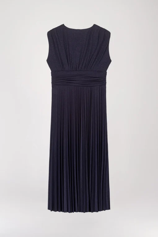 Robe mi-longue plissée à paillettes marine