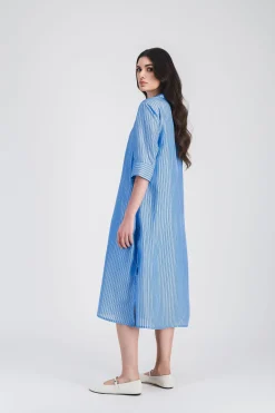 Robe tunique rayée en habotai de soie bleu denim