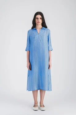 Robe tunique rayée en habotai de soie bleu denim