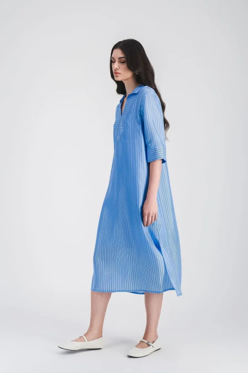 Robe tunique rayée en habotai de soie bleu denim