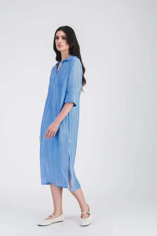 Robe tunique rayée en habotai de soie bleu denim
