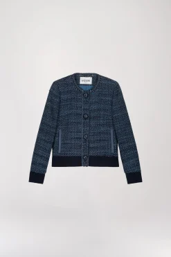 Veste bi-matière en tweed bleu denim