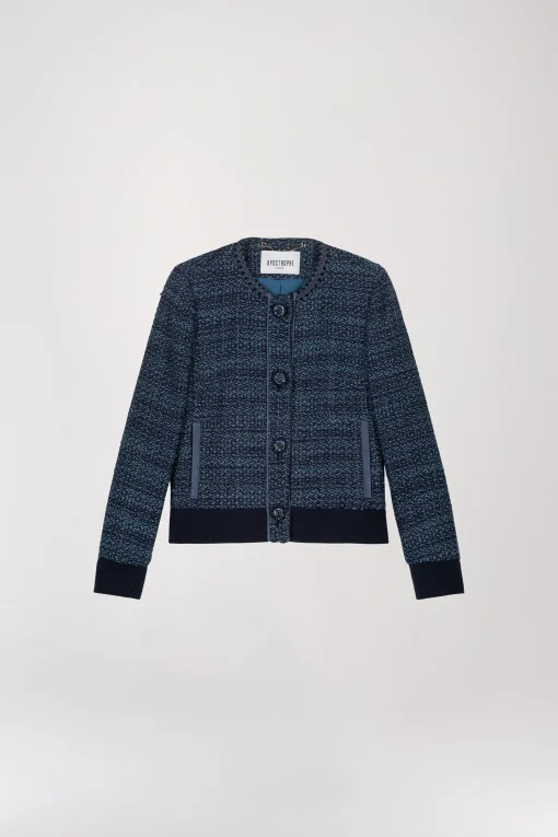 Veste bi-matière en tweed bleu denim