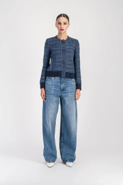 Veste bi-matière en tweed bleu denim