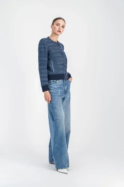 Veste bi-matière en tweed bleu denim