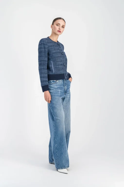 Veste bi-matière en tweed bleu denim