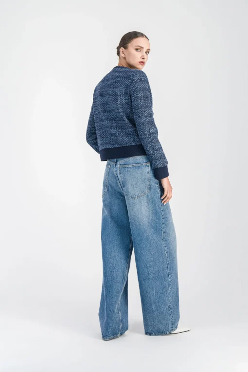 Veste bi-matière en tweed bleu denim