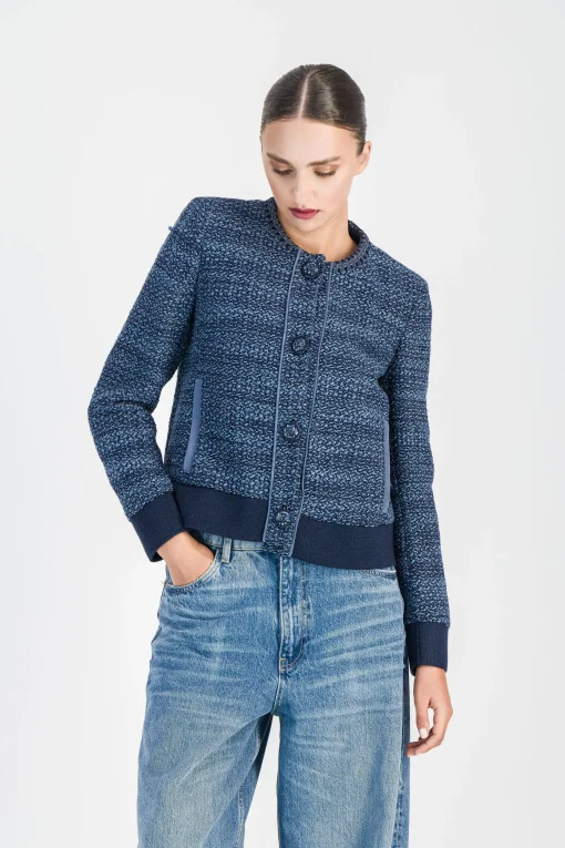Veste bi-matière en tweed bleu denim