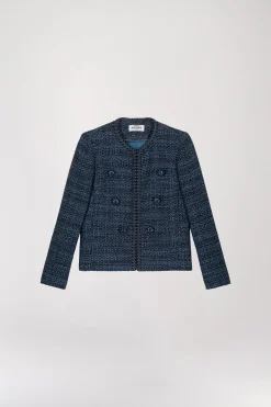Veste courte en tweed bleu denim