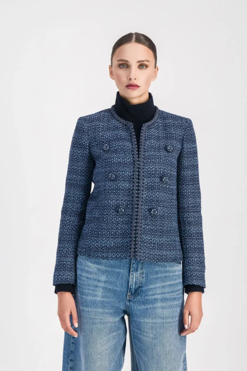 Veste courte en tweed bleu denim