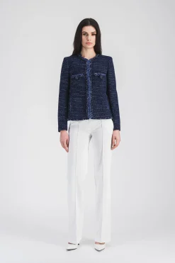 Veste courte en tweed marine avec détails frangés