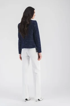 Veste courte en tweed marine avec détails frangés