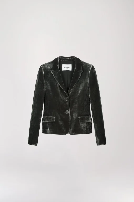 Veste courte en velours vert gris