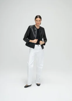 Veste tailleur à frange en cuir noir